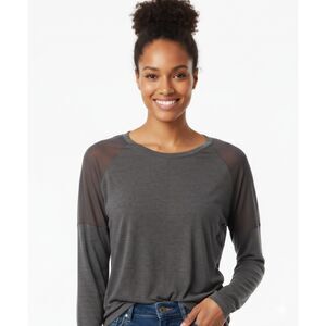 Athletic Charcoal Mesh-Detail Long Sleeve Top Semi-Sheer Back & Shoulders